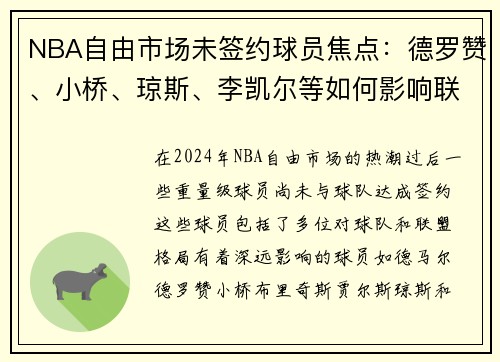 NBA自由市场未签约球员焦点：德罗赞、小桥、琼斯、李凯尔等如何影响联盟格局