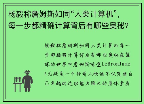 杨毅称詹姆斯如同“人类计算机”，每一步都精确计算背后有哪些奥秘？