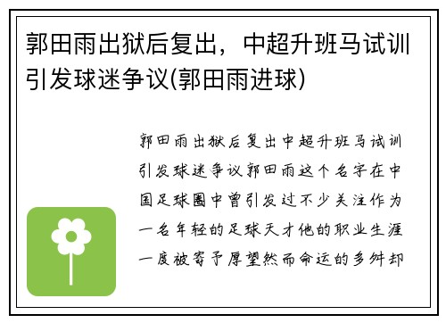 郭田雨出狱后复出，中超升班马试训引发球迷争议(郭田雨进球)