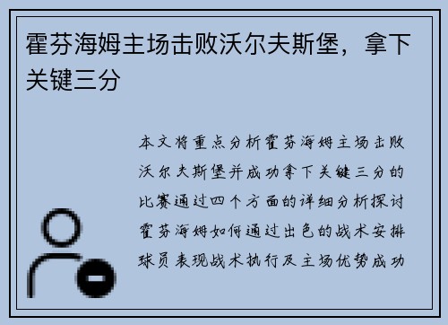 霍芬海姆主场击败沃尔夫斯堡，拿下关键三分