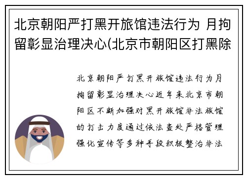北京朝阳严打黑开旅馆违法行为 月拘留彰显治理决心(北京市朝阳区打黑除恶电话)