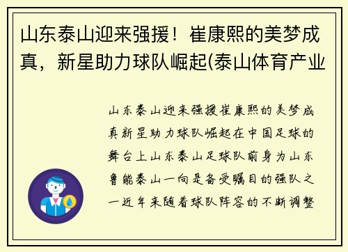 山东泰山迎来强援！崔康熙的美梦成真，新星助力球队崛起(泰山体育产业集团崔长林)