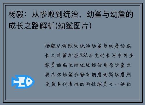 杨毅：从惨败到统治，幼鲨与幼詹的成长之路解析(幼鲨图片)