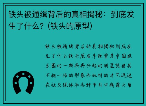 铁头被通缉背后的真相揭秘：到底发生了什么？(铁头的原型)