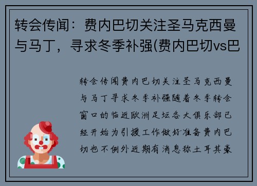 转会传闻：费内巴切关注圣马克西曼与马丁，寻求冬季补强(费内巴切vs巴斯克尼亚)