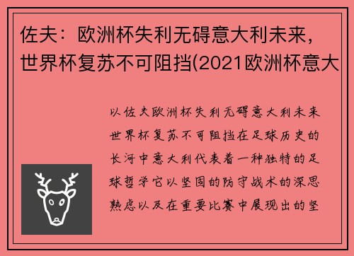 佐夫：欧洲杯失利无碍意大利未来，世界杯复苏不可阻挡(2021欧洲杯意大利独赢)